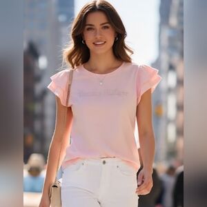 Tommy Hilfiger Women's Light Pink Flutter Ruffle Sleeve Top Shirt Size Large